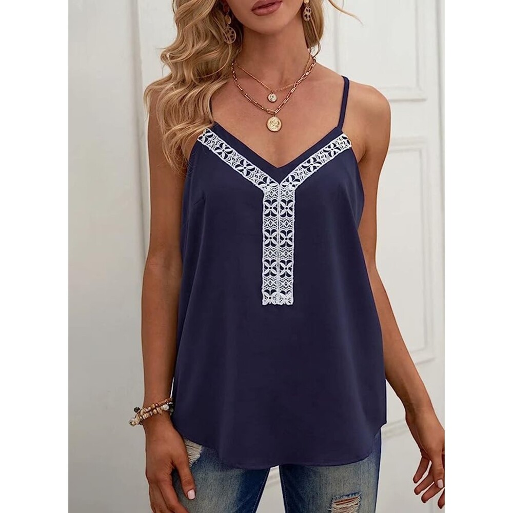Aleumdr Blue White Lace T-Back Sleeveless Cami Tank Top Sz L